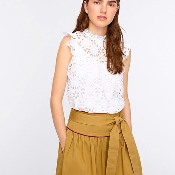 J. Crew mock neck top in allover embroidered eyelet ruffle trim top. NWT. XS. - Picture 1 of 8